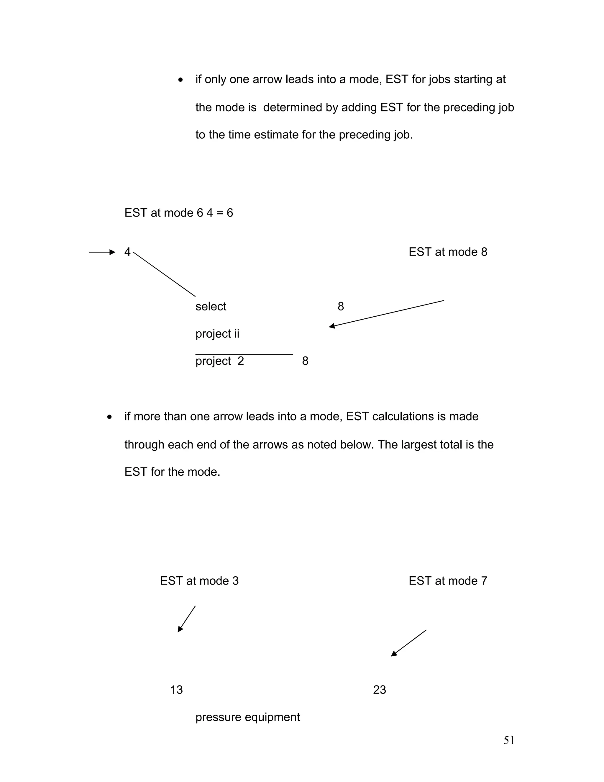 • if only one arrow leads into a mode, EST for jobs starting at
the mode is determined by adding EST for the preceding job
to the time estimate for the preceding job.
EST at mode 6 4 = 6
4 EST at mode 8
select 8
project ii
project 2 8
• if more than one arrow leads into a mode, EST calculations is made
through each end of the arrows as noted below. The largest total is the
EST for the mode.
EST at mode 3 EST at mode 7
13 23
pressure equipment
51
 