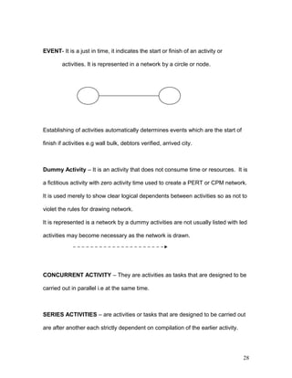 EVENT- It is a just in time, it indicates the start or finish of an activity or
activities. It is represented in a network by a circle or node.
Establishing of activities automatically determines events which are the start of
finish if activities e.g wall bulk, debtors verified, arrived city.
Dummy Activity – It is an activity that does not consume time or resources. It is
a fictitious activity with zero activity time used to create a PERT or CPM network.
It is used merely to show clear logical dependents between activities so as not to
violet the rules for drawing network.
It is represented is a network by a dummy activities are not usually listed with led
activities may become necessary as the network is drawn.
CONCURRENT ACTIVITY – They are activities as tasks that are designed to be
carried out in parallel i.e at the same time.
SERIES ACTIVITIES – are activities or tasks that are designed to be carried out
are after another each strictly dependent on compilation of the earlier activity.
28
 