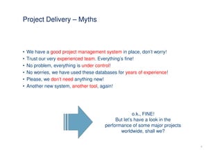 Project Delivery – Myths



•   We have a good project management system in place, don’t worry!
•   Trust our very experienced team. Everything’s fine!
•   No problem, everything is under control!
•   No worries, we have used these databases for years of experience!
•   Please, we don’t need anything new!
•   Another new system, another tool, again!




                                                      o.k., FINE!
                                             But let’s have a look in the
                                        performance of some major projects
                                               worldwide, shall we?


                                                                             6
 