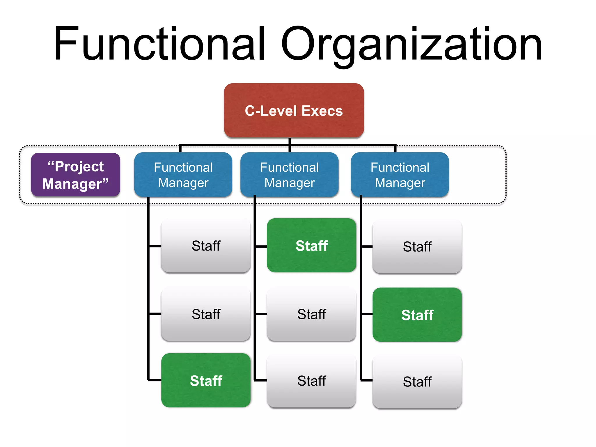 Functional Organization
Functional
Manager
C-Level Execs
Staff
Functional
Manager
Functional
Manager
Staff
Staff
Staff
Staff
Staff
Staff
Staff
Staff
“Project
Manager”
 