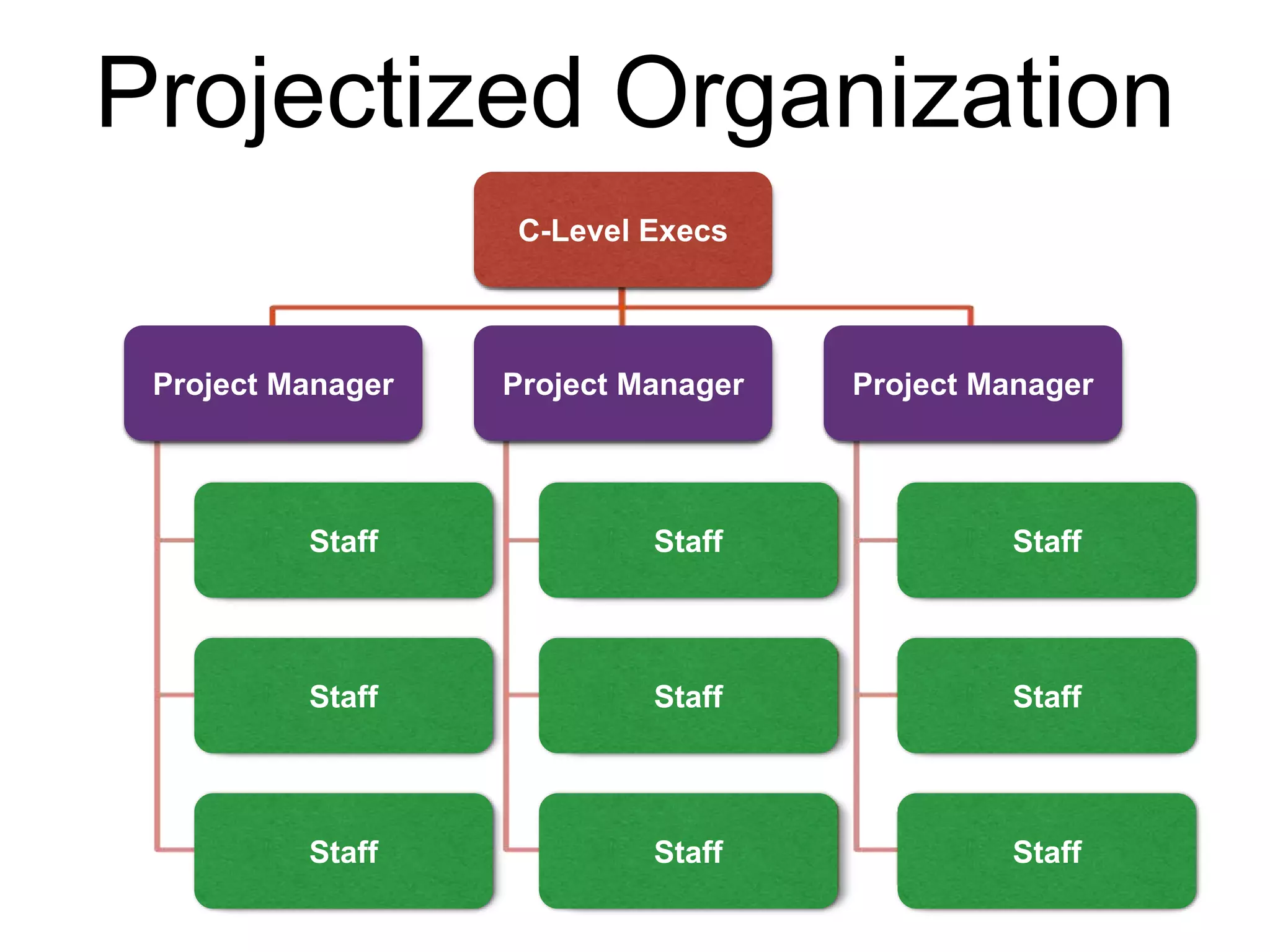Projectized Organization
Project Manager Project ManagerProject Manager
C-Level Execs
Staff
Staff
Staff
Staff
Staff
Staff
Staff
Staff
Staff
 