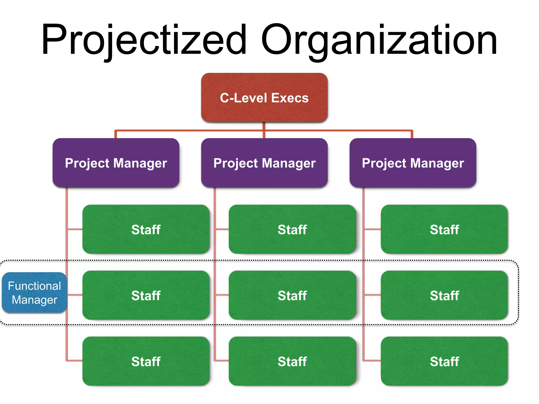 Projectized Organization
Project Manager Project ManagerProject Manager
C-Level Execs
Staff
Staff
Staff
Staff
Staff
Staff
Staff
Staff
Staff
Functional
Manager
 