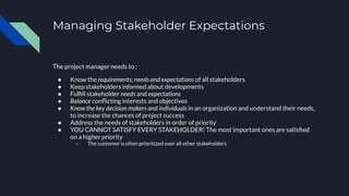 Managing Stakeholder Expectations
The project manager needs to :
● Know the requirements, needs and expectations of all stakeholders
● Keep stakeholders informed about developments
● Fulﬁll stakeholder needs and expectations
● Balance conﬂicting interests and objectives
● Know the key decision makers and individuals in an organization and understand their needs,
to increase the chances of project success
● Address the needs of stakeholders in order of priority
● YOU CANNOT SATISFY EVERY STAKEHOLDER! The most important ones are satisﬁed
on a higher priority
○ The customer is often prioritized over all other stakeholders
 