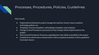 Processes, Procedures, Policies, Guidelines
May include:
● Organizational Standards: project management policies, human resource policies,
technology policies, etc.
● Templates: Contract templates, methodology templates, task templates
● Change Control Procedures: processes for how changes will be implemented on the
project
● Risk Control Procedures: Processes regarding how risks will be controlled on the project
● Guidelines for performance measurement criteria, proposal evaluation criteria, guidelines
for project closure
 