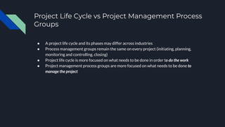 Project Life Cycle vs Project Management Process
Groups
● A project life cycle and its phases may differ across industries
● Process management groups remain the same on every project (initiating, planning,
monitoring and controlling, closing)
● Project life cycle is more focused on what needs to be done in order to do the work
● Project management process groups are more focused on what needs to be done to
manage the project
 