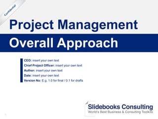 11
Project Management
CEO: insert your own text
Chief Project Officer: insert your own text
Author: insert your own text
Date: insert your own text
Version No: E.g. 1.0 for final / 0.1 for drafts
Overall Approach
 