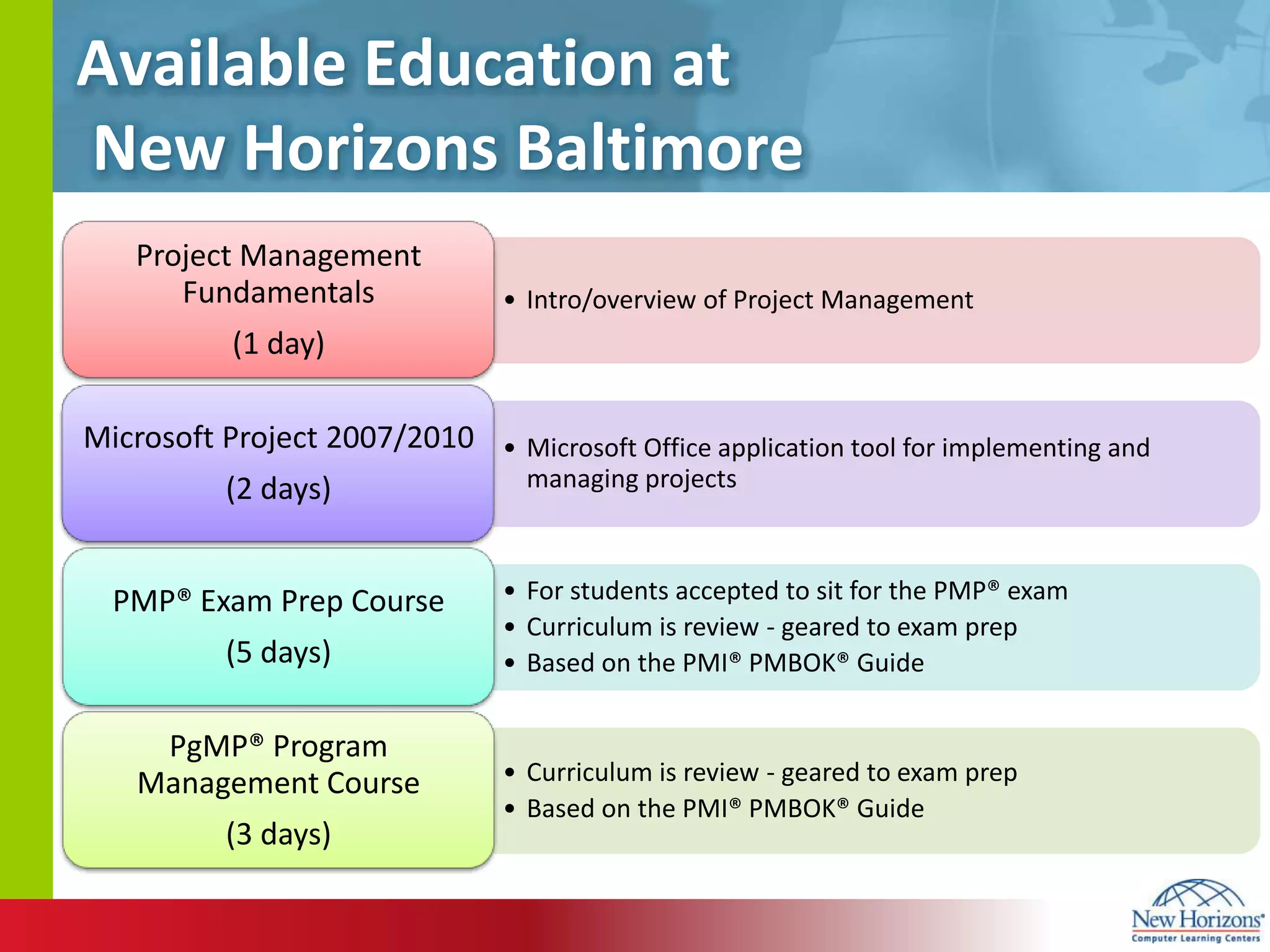 Available Education at New Horizons Baltimore