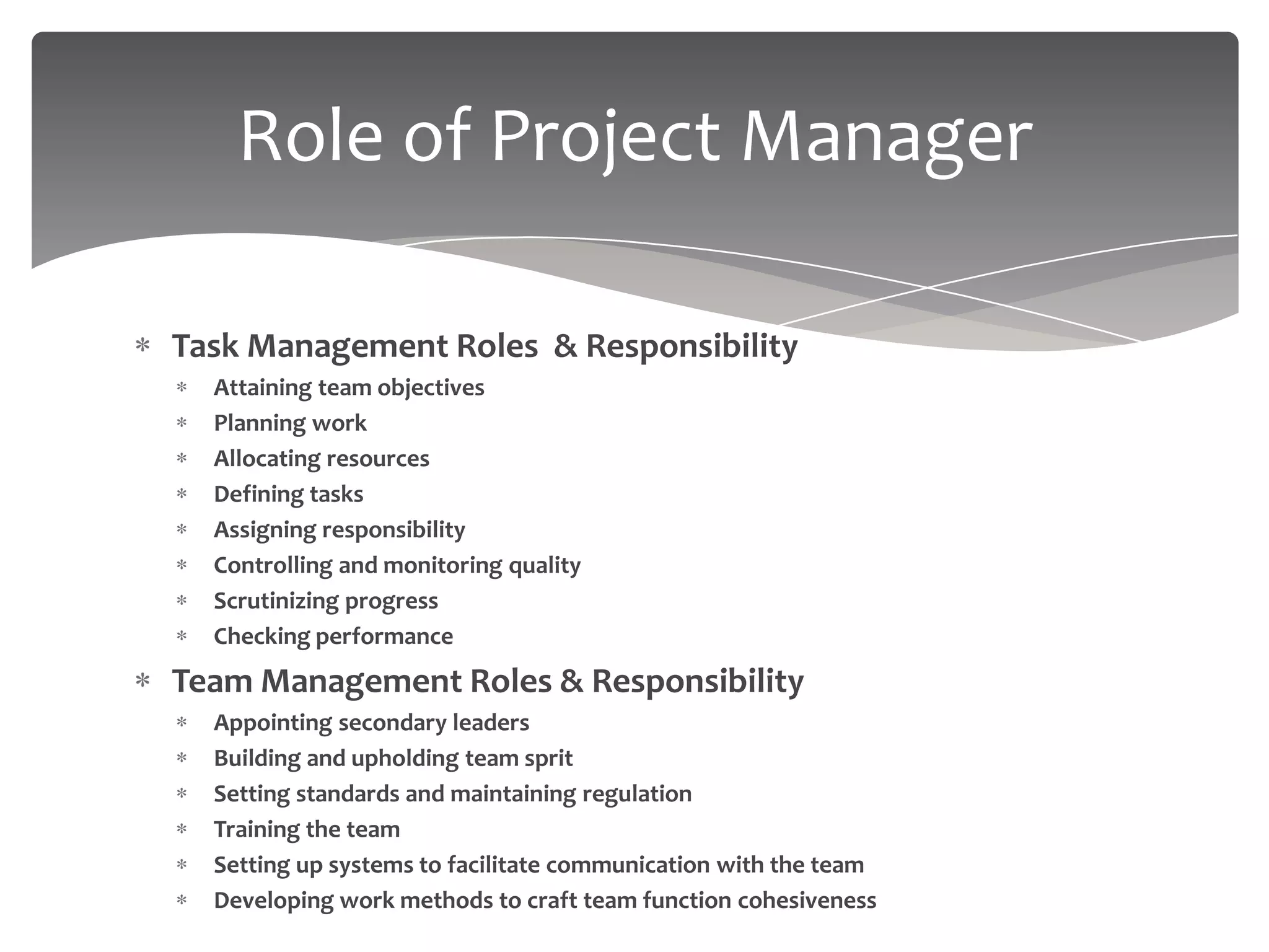 Role of Project Manager

Task Management Roles & Responsibility
  Attaining team objectives
  Planning work
  Allocating resources
  Defining tasks
  Assigning responsibility
  Controlling and monitoring quality
  Scrutinizing progress
  Checking performance
Team Management Roles & Responsibility
  Appointing secondary leaders
  Building and upholding team sprit
  Setting standards and maintaining regulation
  Training the team
  Setting up systems to facilitate communication with the team
  Developing work methods to craft team function cohesiveness
 