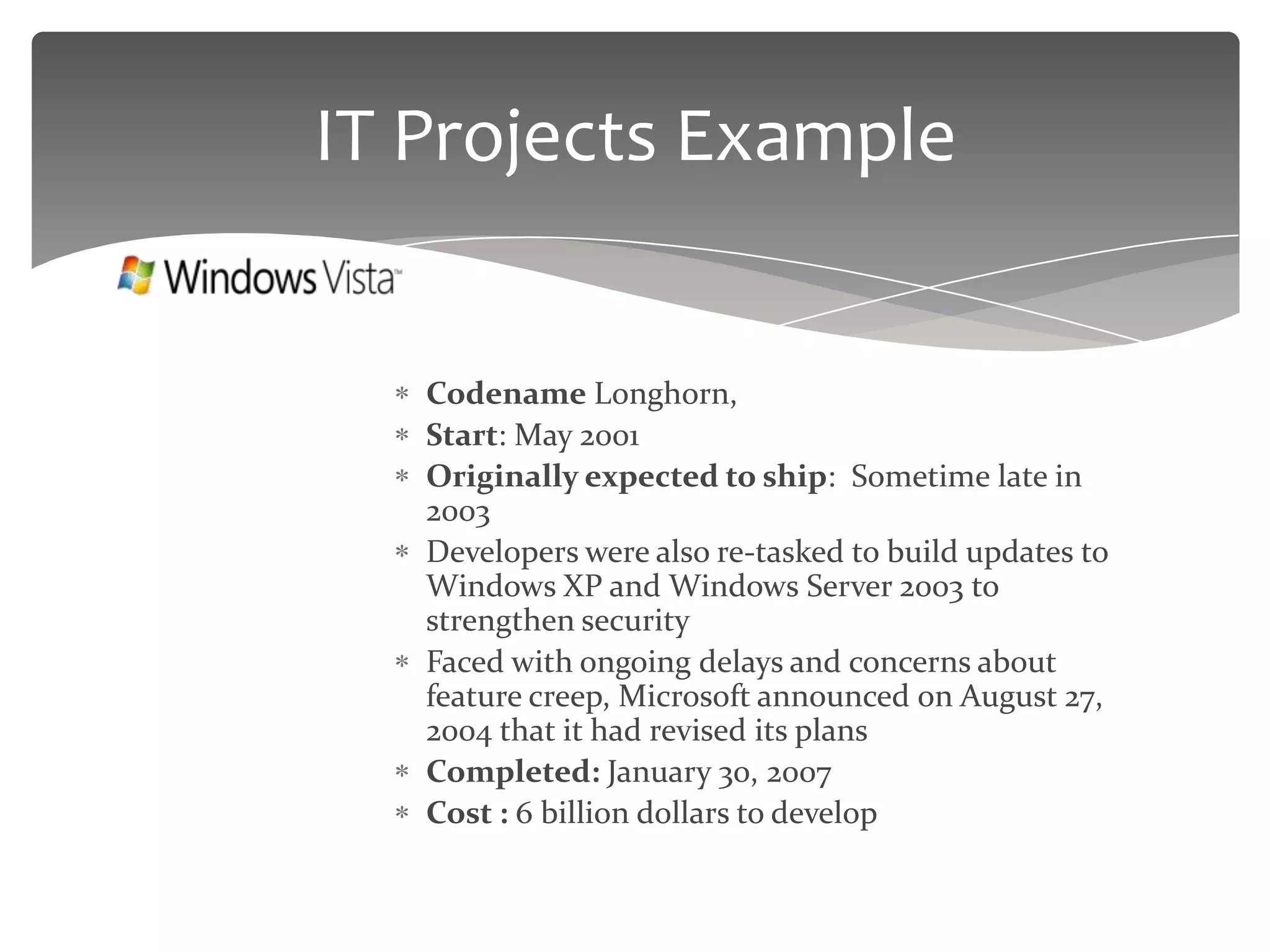 IT Projects Example


   Codename Longhorn,
   Start: May 2001
   Originally expected to ship: Sometime late in
   2003
   Developers were also re-tasked to build updates to
   Windows XP and Windows Server 2003 to
   strengthen security
   Faced with ongoing delays and concerns about
   feature creep, Microsoft announced on August 27,
   2004 that it had revised its plans
   Completed: January 30, 2007
   Cost : 6 billion dollars to develop
 