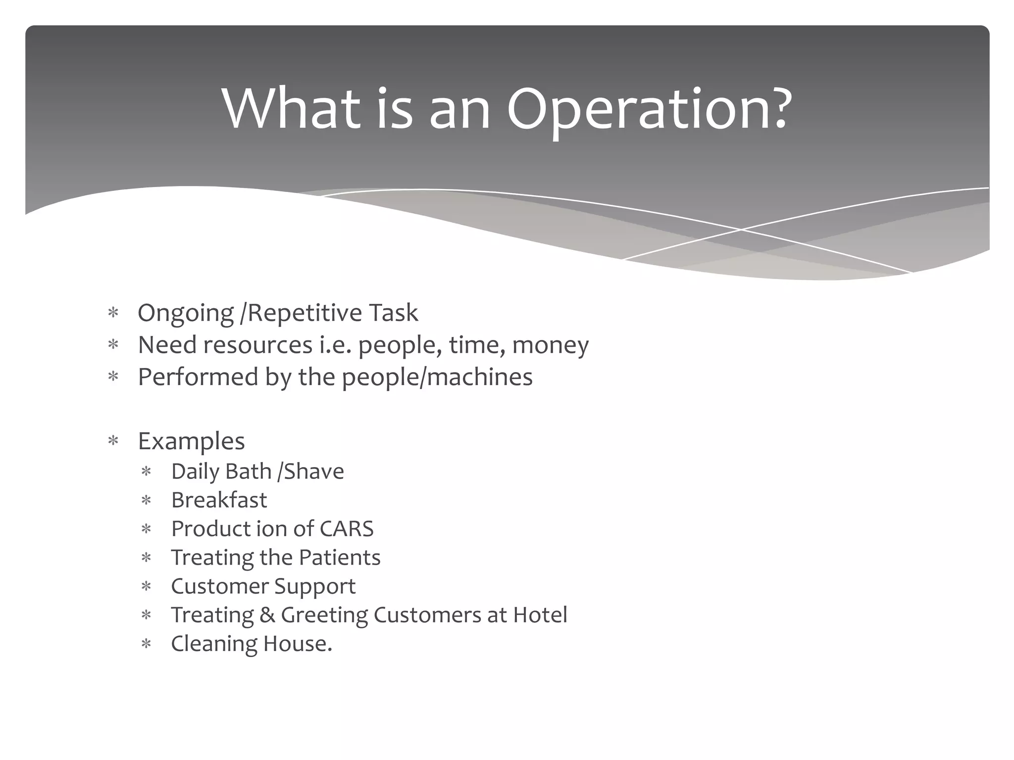 What is an Operation?


Ongoing /Repetitive Task
Need resources i.e. people, time, money
Performed by the people/machines

Examples
  Daily Bath /Shave
  Breakfast
  Product ion of CARS
  Treating the Patients
  Customer Support
  Treating & Greeting Customers at Hotel
  Cleaning House.
 