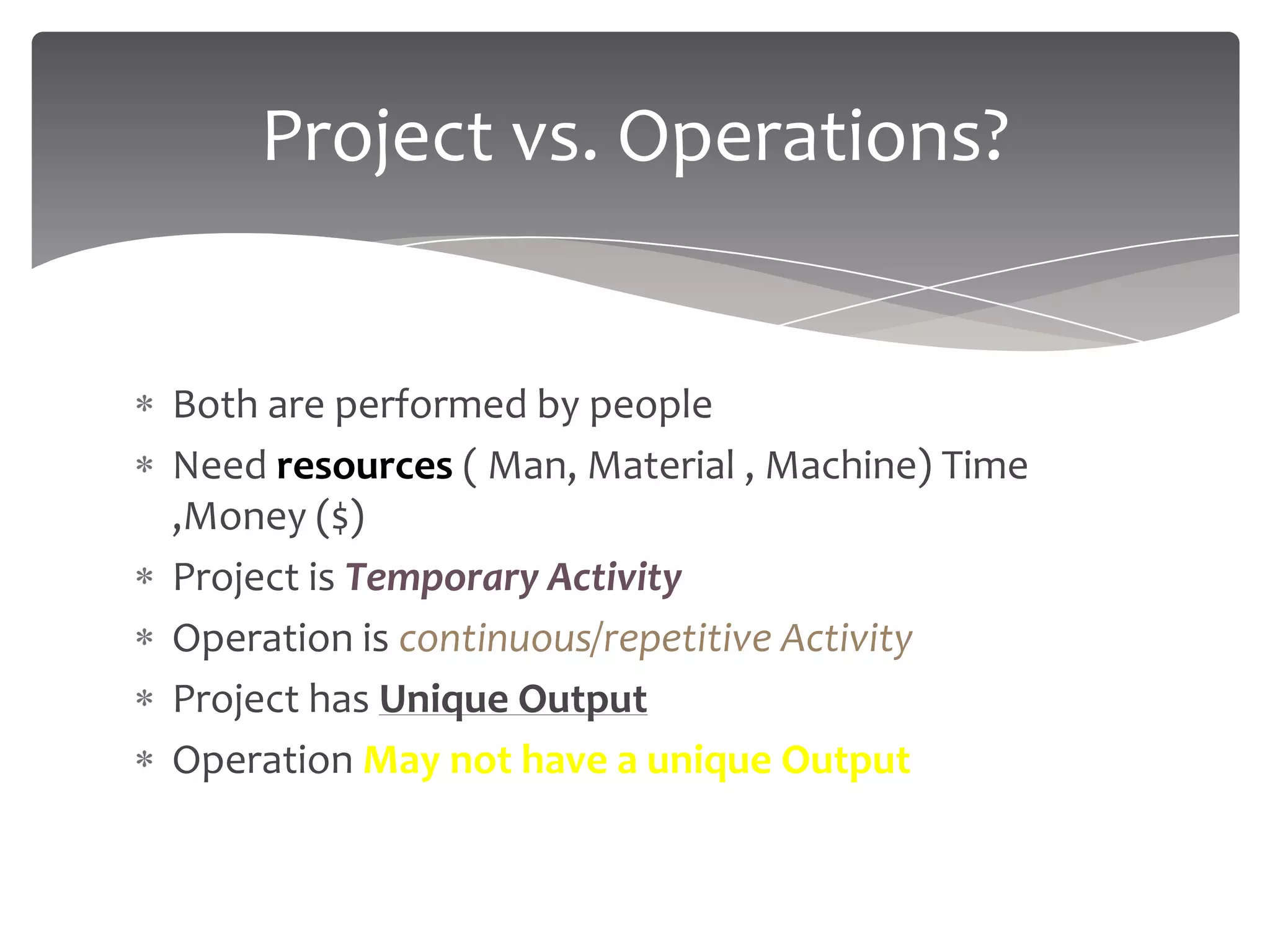 Project vs. Operations?


Both are performed by people
Need resources ( Man, Material , Machine) Time
,Money ($)
Project is Temporary Activity
Operation is continuous/repetitive Activity
Project has Unique Output
Operation May not have a unique Output
 