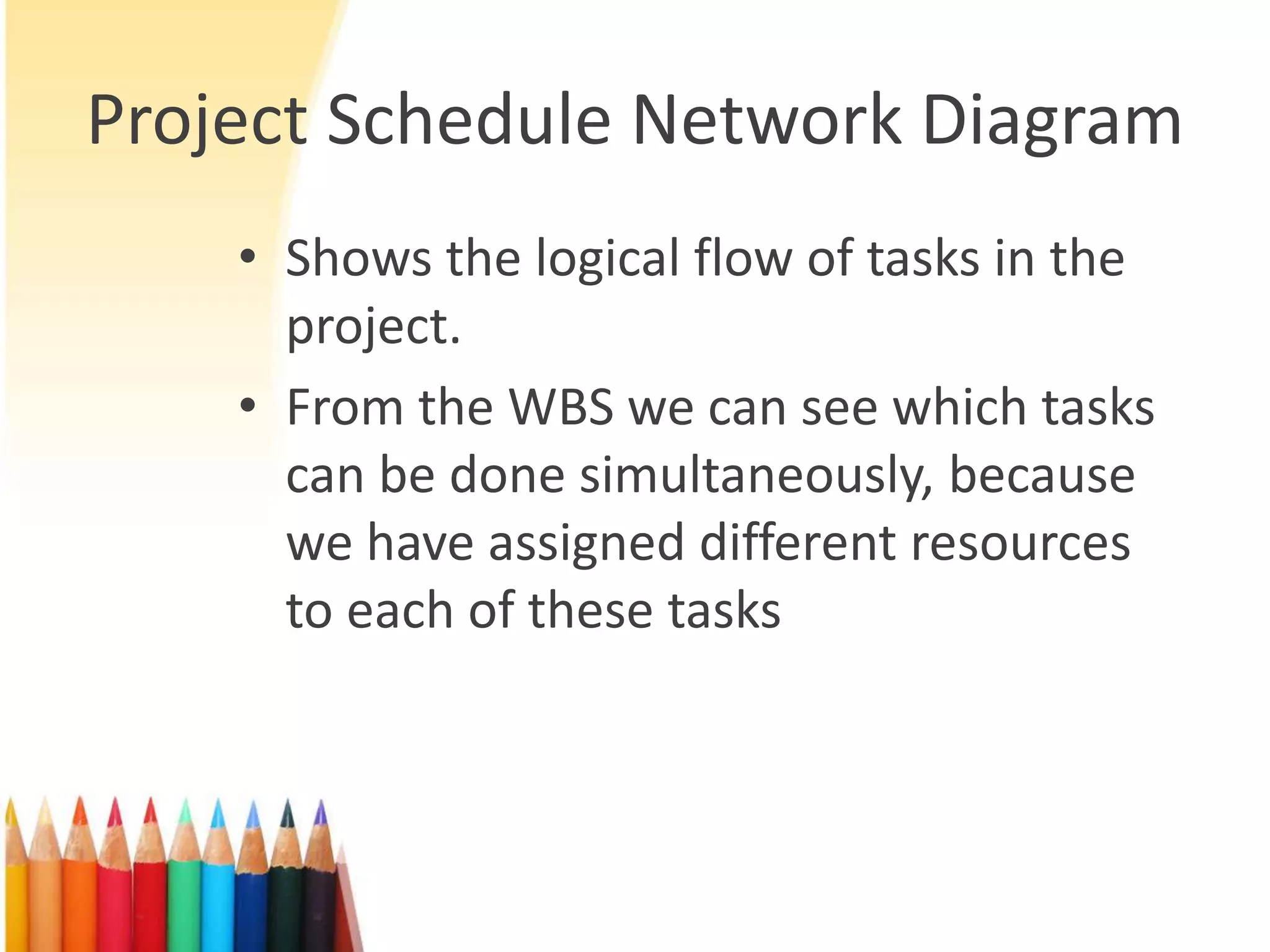 Project Schedule Network Diagram
• Shows the logical flow of tasks in the
project.
• From the WBS we can see which tasks
can be done simultaneously, because
we have assigned different resources
to each of these tasks
 