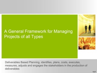 A General Framework for Managing
Projects of all Types
Deliverables Based Planning, identifies, plans, costs, executes,
measures, adjusts and engages the stakeholders in the production of
deliverables
15/27
 