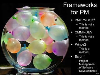 Deliverables Based Planning Handbook for A&D, Copyright © 2008, 2009, Lewis & Fowler
Frameworks
for PM
 PMI PMBOK®
– This is not a
method
 CMMI–DEV
– This is not a
method
 Prince2
– This is a
method
• Scrum
– Project
Management
of Software
Development?
4/27
 