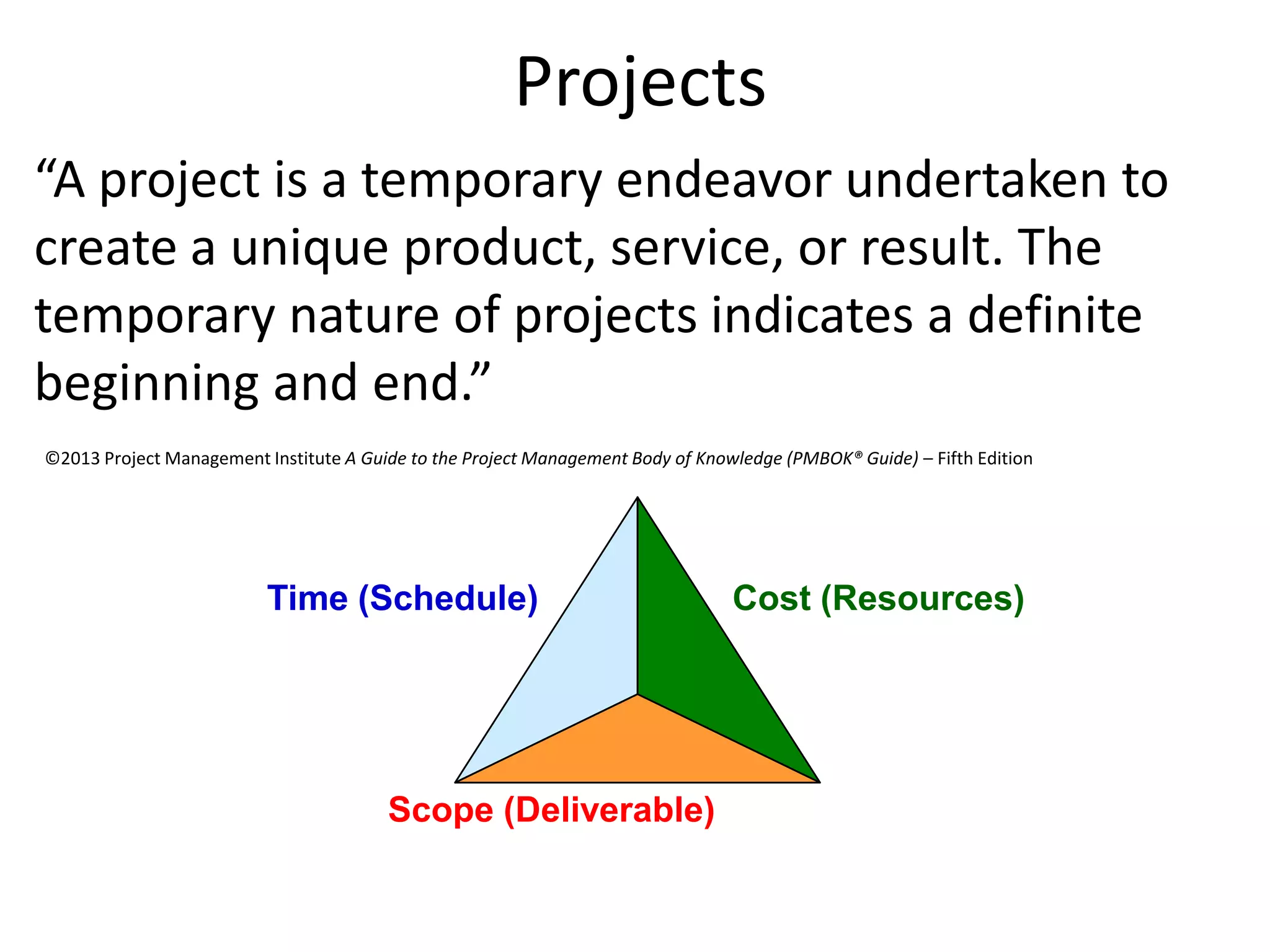 Projects
“A project is a temporary endeavor undertaken to
create a unique product, service, or result. The
temporary nature of projects indicates a definite
beginning and end.”
Time (Schedule)
Scope (Deliverable)
Cost (Resources)
©2013 Project Management Institute A Guide to the Project Management Body of Knowledge (PMBOK® Guide) – Fifth Edition
 