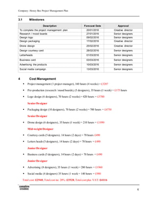 Company: Honey Bee Project Management Plan
6
3.1 Milestones
Description Forecast Date Approval
To complete the project management plan 20/01/2016 Creative director
Research / mood boards 27/01/2016 Senior designers
Design logo 09/02/2016 Senior designers
Design packaging 17/02/2016 Creative director
Drone design 25/02/2016 Creative director
Design courtesy card 28/02/2016 Senior designers
Letterheads 01/03/2016 Senior designers
Business card 03/03/2016 Senior designers
Advertising the products 10/03/2016 Senior designers
Social media campaign 13/03/2016 Senior designers
4 Cost Management
 Project management (1 project manager), 160 hours (4 weeks) = £3287
 Pre-production (research / mood boards), (5 designers), 35 hours (1 week) = £175 hours
 Logo design (6 designers), 70 hours (2 weeks) = 420 hours = £5700
Senior Designer
 Packaging design (10 designers), 70 hours (2 weeks) = 700 hours = £4750
Senior Designer
 Drone design (6 designers), 35 hours (1 week) = 210 hours = £1890
Mid-weight Designer
 Courtesy cards (5 designers), 14 hours (2 days) = 70 hours £490
 Letters heads (5 designers), 14 hours (2 days) = 70 hours = £490
Junior Designer
 Business cards (5 designers), 14 hours (2 days) = 70 hours = £490
Junior Designer
 Advertising (8 designers), 35 hours (1 week) = 280 hours = £1960
 Social media (4 designers) 35 hours (1 week = 140 hours = £980
Total cost: £2940,Totalcost inc 20%: £3528,Totalcost plus VAT: £4116
 