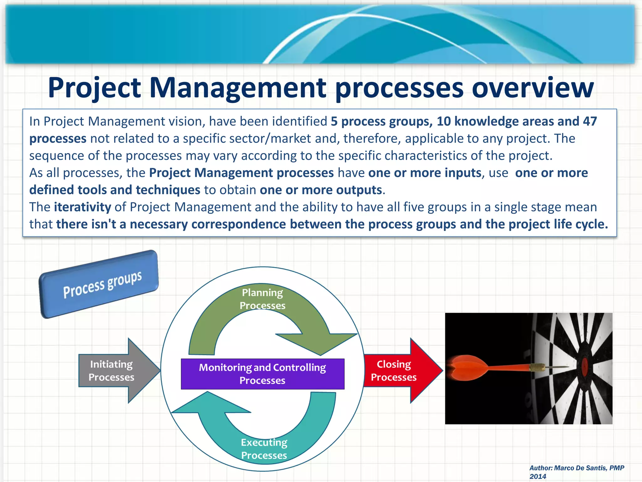 In Project Management vision, have been identified 5 process groups, 10 knowledge areas and 47
processes not related to a specific sector/market and, therefore, applicable to any project. The
sequence of the processes may vary according to the specific characteristics of the project.
As all processes, the Project Management processes have one or more inputs, use one or more
defined tools and techniques to obtain one or more outputs.
The iterativity of Project Management and the ability to have all five groups in a single stage mean
that there isn't a necessary correspondence between the process groups and the project life cycle.
Project Management processes overview
Author: Marco De Santis, PMP
2014
 