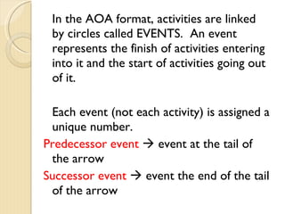 In the AOA format, activities are linked by circles called EVENTS.  An event represents the finish of activities entering into it and the start of activities going out of it. Each event (not each activity) is assigned a unique number. Predecessor event    event at the tail of the arrow Successor event    event the end of the tail of the arrow 