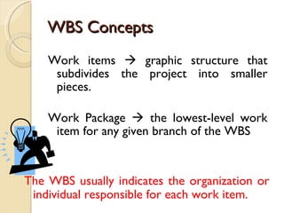WBS Concepts Work items    graphic structure that subdivides the project into smaller pieces. Work Package    the lowest-level work item for any given branch of the WBS The WBS usually indicates the organization or individual responsible for each work item. 