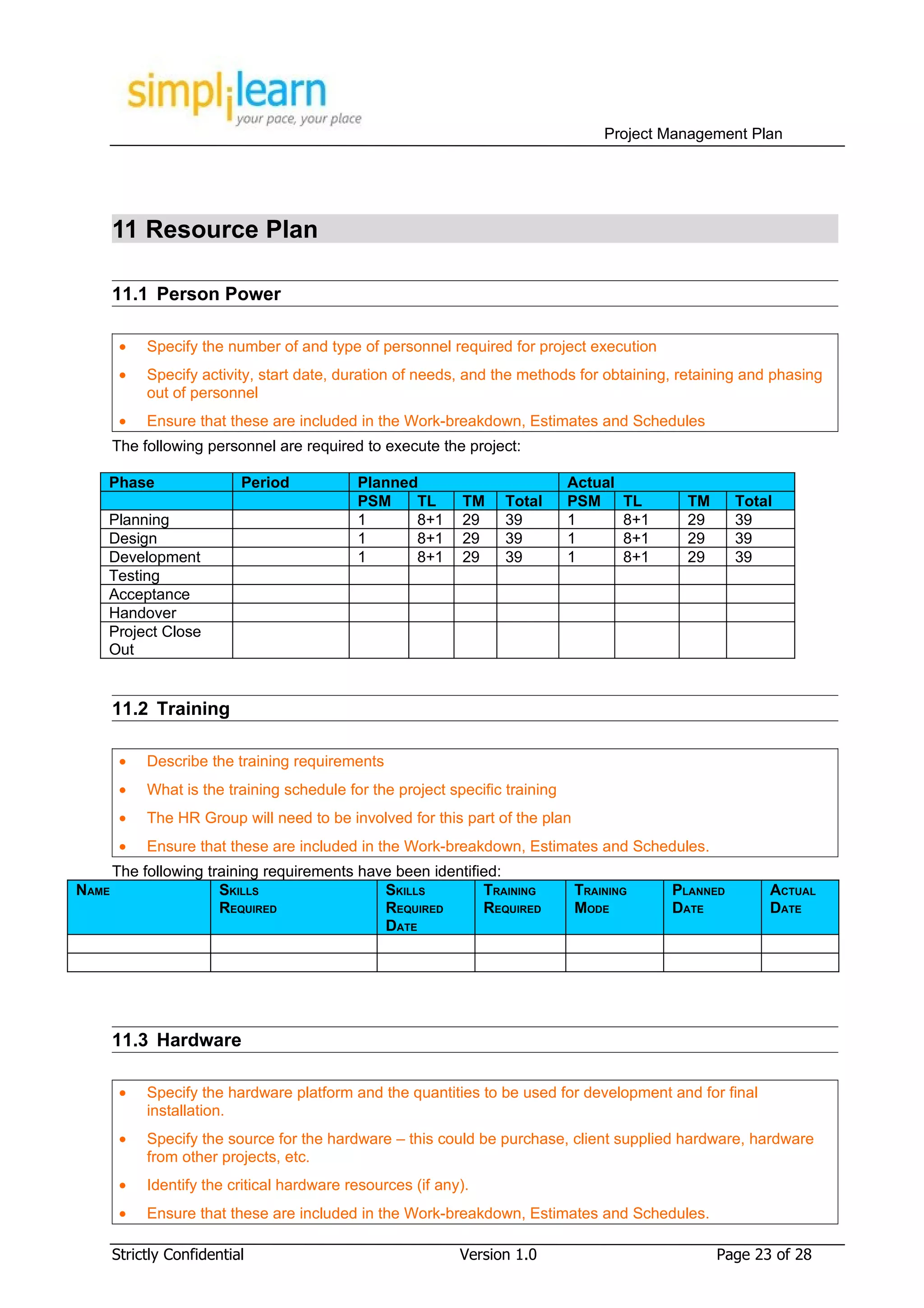 Project Management Plan




       11 Resource Plan

       11.1 Person Power

        •   Specify the number of and type of personnel required for project execution
        •   Specify activity, start date, duration of needs, and the methods for obtaining, retaining and phasing
            out of personnel
        •   Ensure that these are included in the Work-breakdown, Estimates and Schedules
       The following personnel are required to execute the project:

   Phase                   Period           Planned                           Actual
                                            PSM    TL        TM    Total      PSM      TL      TM      Total
   Planning                                 1      8+1       29    39         1        8+1     29      39
   Design                                   1      8+1       29    39         1        8+1     29      39
   Development                              1      8+1       29    39         1        8+1     29      39
   Testing
   Acceptance
   Handover
   Project Close
   Out


       11.2 Training

        •   Describe the training requirements
        •   What is the training schedule for the project specific training
        •   The HR Group will need to be involved for this part of the plan
        •   Ensure that these are included in the Work-breakdown, Estimates and Schedules.
       The following training requirements have been identified:
NAME                   SKILLS                 SKILLS         TRAINING         TRAINING       PLANNED       ACTUAL
                       REQUIRED               REQUIRED       REQUIRED         MODE           DATE          DATE
                                              DATE




       11.3 Hardware

        •   Specify the hardware platform and the quantities to be used for development and for final
            installation.
        •   Specify the source for the hardware – this could be purchase, client supplied hardware, hardware
            from other projects, etc.
        •   Identify the critical hardware resources (if any).
        •   Ensure that these are included in the Work-breakdown, Estimates and Schedules.

       Strictly Confidential                                Version 1.0                             Page 23 of 28
 