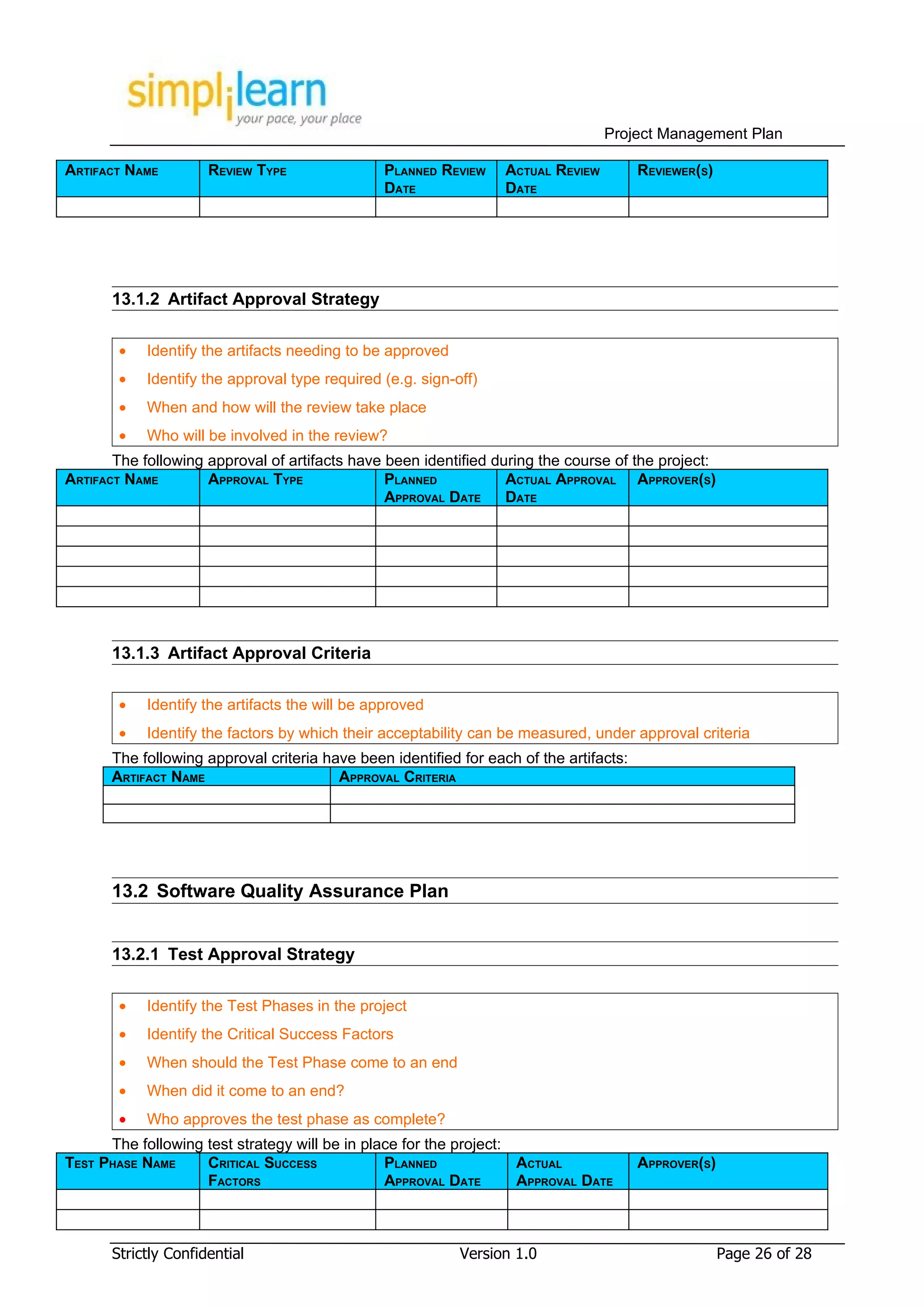 Project Management Plan

ARTIFACT NAME         REVIEW TYPE               PLANNED REVIEW    ACTUAL REVIEW         REVIEWER(S)
                                                DATE              DATE




       13.1.2 Artifact Approval Strategy

        •   Identify the artifacts needing to be approved
        •   Identify the approval type required (e.g. sign-off)
        •   When and how will the review take place
        •   Who will be involved in the review?
       The following approval of artifacts have been identified during the course of the project:
ARTIFACT NAME        APPROVAL TYPE              PLANNED           ACTUAL APPROVAL APPROVER(S)
                                                APPROVAL DATE     DATE




       13.1.3 Artifact Approval Criteria

        •   Identify the artifacts the will be approved
        •   Identify the factors by which their acceptability can be measured, under approval criteria
      The following approval criteria have been identified for each of the artifacts:
      ARTIFACT NAME                     APPROVAL CRITERIA




       13.2 Software Quality Assurance Plan


       13.2.1 Test Approval Strategy

        •   Identify the Test Phases in the project
        •   Identify the Critical Success Factors
        •   When should the Test Phase come to an end
        •   When did it come to an end?
        •   Who approves the test phase as complete?
      The following test strategy will be in place for the project:
TEST PHASE NAME     CRITICAL SUCCESS            PLANNED             ACTUAL              APPROVER(S)
                    FACTORS                     APPROVAL DATE       APPROVAL DATE



       Strictly Confidential                                Version 1.0                               Page 26 of 28
 