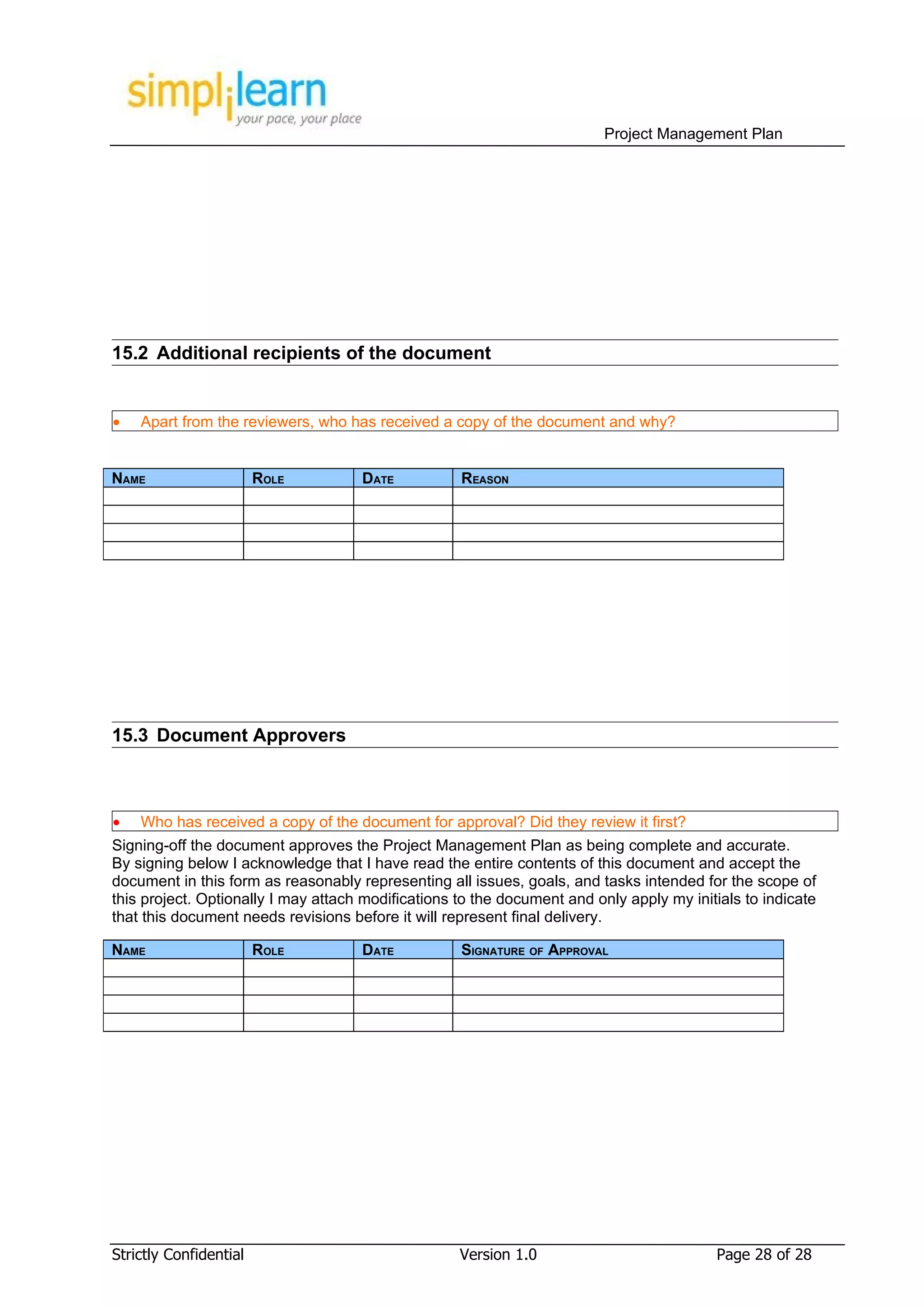 Project Management Plan




15.2 Additional recipients of the document


•   Apart from the reviewers, who has received a copy of the document and why?


NAME                    ROLE         DATE           REASON




15.3 Document Approvers



•   Who has received a copy of the document for approval? Did they review it first?
Signing-off the document approves the Project Management Plan as being complete and accurate.
By signing below I acknowledge that I have read the entire contents of this document and accept the
document in this form as reasonably representing all issues, goals, and tasks intended for the scope of
this project. Optionally I may attach modifications to the document and only apply my initials to indicate
that this document needs revisions before it will represent final delivery.

NAME                    ROLE         DATE           SIGNATURE OF APPROVAL




Strictly Confidential                               Version 1.0                            Page 28 of 28
 