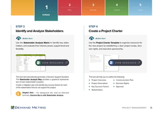 11PROJECT MANAGEMENT
Project Overview
Project Description
Key Success Factors
Stakeholders
Communication Plan
Decision Rights
Approval
Identify and Analyze Stakeholders Create a Project Charter
STEP 3 STEP 4
Action Item Action Item
Use the Stakeholder Analysis Matrix to identify key stake-
holders, and evaluate their interest, power, support level and
flexibility.
Use the Project Charter Template to organize resources for
the new project by establishing a clear project scope, deci-
sion rights, and executive sponsorship.
This tool will automatically generates a Decision Support Quotient.
The Stakeholder Analysis Map provides a graphical representa-
tion of each stakeholder’s position.
Create a mitigation plan and identify key success factors for each
of the stakeholders that do not support the project.
This tool will help you to outline the following:
Introduction
Initiate
1
V I E W R E S O U R C E
Helpful Hint – For background info, read our Executive
Summary: Examine Buy In with Stakeholder Analysis
V I E W R E S O U R C E
Plan Execute Control Close
2 3 4 5
 