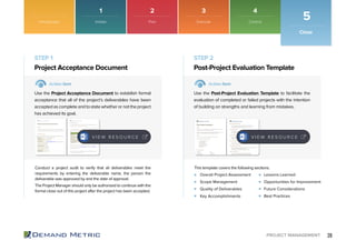 28PROJECT MANAGEMENT
Introduction
Close
5
Overall Project Assessment
Scope Management
Quality of Deliverables
Key Accomplishments
Lessons Learned
Opportunities for Improvement
Future Considerations
Best Practices
Project Acceptance Document Post-Project Evaluation Template
STEP 1 STEP 2
Action Item Action Item
Use the Project Acceptance Document to establish formal
acceptance that all of the project’s deliverables have been
accepted as complete and to state whether or not the project
has achieved its goal.
Use the Post-Project Evaluation Template to facilitate the
evaluation of completed or failed projects with the intention
of building on strengths and learning from mistakes.
Conduct a project audit to verify that all deliverables meet the
requirements by entering the deliverable name, the person the
deliverable was approved by and the date of approval.
The Project Manager should only be authorized to continue with the
formal close out of this project after the project has been accepted.
This template covers the following sections:
V I E W R E S O U R C E V I E W R E S O U R C E
Initiate Plan Execute Control
1 2 3 4
 