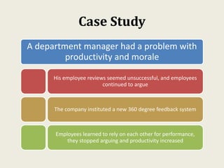 Case Study
A department manager had a problem with
productivity and morale
His employee reviews seemed unsuccessful, and employees
continued to argue
The company instituted a new 360 degree feedback system
Employees learned to rely on each other for performance,
they stopped arguing and productivity increased
 