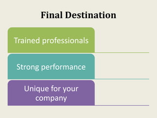 Final Destination
Trained professionals
Strong performance
Unique for your
company
 