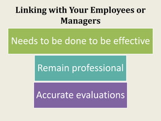 Linking with Your Employees or
Managers
Needs to be done to be effective
Remain professional
Accurate evaluations
 