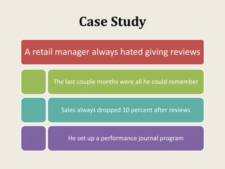 Case Study
A retail manager always hated giving reviews
The last couple months were all he could remember
Sales always dropped 10 percent after reviews
He set up a performance journal program
 