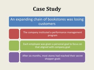 Case Study
An expanding chain of bookstores was losing
customers
The company instituted a performance management
program
Each employee was given a personal goal to focus on
that aligned with company goal
After six months, most stores had reached their secret
shopper goals
 