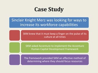 Case Study
Sinclair Knight Merz was looking for ways to
increase its workforce capabilities
SKM knew that it must keep a finger on the pulse of its
culture at all times
SKM asked Accenture to implement the Accenture
Human Capital Development Framework
The framework provided SKM an effective method of
determining where they should focus resources
 