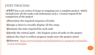 PERT PROCESS:

PERT has a set series of steps in mapping out a complex project, which
include:List all the tasks and milestones (a.k.a. events) required for
completion of the project

Determine the required sequence of tasks

Design a chart to visually display all the steps

Estimate the time required for each task

Identify the critical path – the longest series of tasks in the project.

Adjust the chart to reflect progress made once the project starts

Reference: https://www.shopify.com/in/blog/what-is-program-evaluation-
review-technique.
 