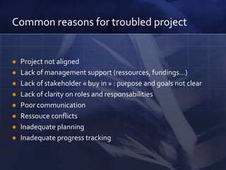 Taking corrective actionsWhatisproject management? Project Management Institute (PMI) defined5 groups: Initiating, Planning, Executing, Controlling and Closing. 9 knowledge areas: integration, scope, time, cost, quality, HR, communition, risk, and procurement. 