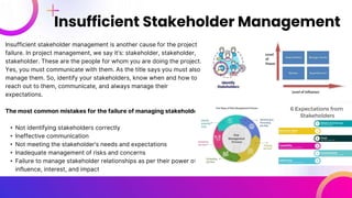 Insufficient stakeholder management is another cause for the project
failure. In project management, we say it’s: stakeholder, stakeholder,
stakeholder. These are the people for whom you are doing the project.
Yes, you must communicate with them. As the title says you must also
manage them. So, identify your stakeholders, know when and how to
reach out to them, communicate, and always manage their
expectations.
The most common mistakes for the failure of managing stakeholders:
• Not identifying stakeholders correctly
• Ineffective communication
• Not meeting the stakeholder’s needs and expectations
• Inadequate management of risks and concerns
• Failure to manage stakeholder relationships as per their power of
influence, interest, and impact
Insufficient Stakeholder Management
 