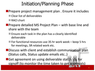 Initiation/Planning Phase
Prepare project management plan. Ensure it includes
  Clear list of deliverables
  RACI chart (Responsible/Accountable/Consult/Inform)
Prepare detailed MS Project Plan – with base line and
 share with the team
  Ensure each task in the plan has a clearly identified
   deliverable
  For functional resources use 35 hr work week – keep 5 hrs
   for meetings, SR (Service Request) related work etc.
Discuss with client and establish communication plan
 (Status calls, Status update emails etc..)
Get agreement on using deliverable status log for
 signoff (to monitor the time taken to get approvals)
                                                               5
 