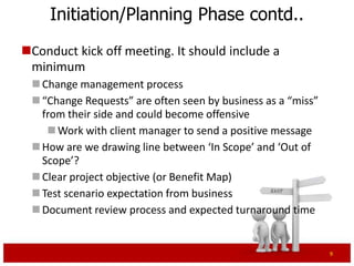 Initiation/Planning Phase contd..
Conduct kick off meeting. It should include a
 minimum
  Change management process
  “Change Requests” are often seen by business as a “miss”
   from their side and could become offensive
     Work with client manager to send a positive message
  How are we drawing line between ‘In Scope’ and ‘Out of
   Scope’?
  Clear project objective (or Benefit Map)
  Test scenario expectation from business
  Document review process and expected turnaround time


                                                              9
 