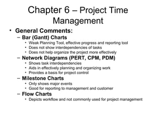 Chapter 6 – Project Time
Management
• General Comments:
– Bar (Gantt) Charts
• Weak Planning Tool, effective progress and reporting tool
• Does not show interdependencies of tasks
• Does not help organize the project more effectively
– Network Diagrams (PERT, CPM, PDM)
• Shows task interdependencies
• Aids in effectively planning and organizing work
• Provides a basis for project control
– Milestone Charts
• Only shows major events
• Good for reporting to management and customer
– Flow Charts
• Depicts workflow and not commonly used for project management
 