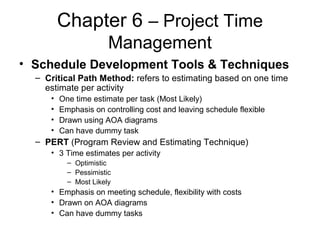 Chapter 6 – Project Time
Management
• Schedule Development Tools & Techniques
– Critical Path Method: refers to estimating based on one time
estimate per activity
• One time estimate per task (Most Likely)
• Emphasis on controlling cost and leaving schedule flexible
• Drawn using AOA diagrams
• Can have dummy task
– PERT (Program Review and Estimating Technique)
• 3 Time estimates per activity
– Optimistic
– Pessimistic
– Most Likely
• Emphasis on meeting schedule, flexibility with costs
• Drawn on AOA diagrams
• Can have dummy tasks
 