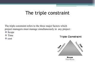 The triple constraint
The triple constraint refers to the three major factors which
project managers must manage simultaneously in any project :
 Scope
 Time
 cost
 
