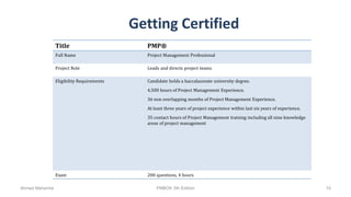Getting Certified
Title PMP®
Full Name Project Management Professional
Project Role Leads and directs project teams
Eligibility Requirements Candidate holds a baccalaureate university degree.
4,500 hours of Project Management Experience.
36 non overlapping months of Project Management Experience.
At least three years of project experience within last six years of experience.
35 contact hours of Project Management training including all nine knowledge
areas of project management
Exam 200 questions, 4 hours
Ahmad Maharma PMBOK 5th Edition 10
 