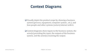 Context Diagrams
 Visually depict the product scope by showing a business
system (process, equipment, computer system…etc.), and
how people and other systems (actors) interact with it.
 Context diagrams show inputs to the business system, the
actor(s) providing the input, the outputs of the business
system, and the actor(s) receiving the output.
Ahmad Maharma PMBOK 5th Edition 163
 
