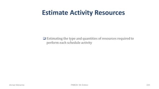 Estimate Activity Resources
 Estimating the type and quantities of resources required to
perform each schedule activity
Ahmad Maharma PMBOK 5th Edition 225
 