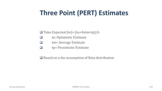 Three Point (PERT) Estimates
 Time Expected (te)= (to+4xtm+tp)/6
 to: Optimistic Estimate
 tm= Average Estimate
 tp= Pessimistic Estimate
 Based on a the assumption of Beta distribution
Ahmad Maharma PMBOK 5th Edition 235
 