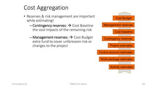 Cost Aggregation
• Reserves & risk management are important
while estimating!
– Contingency reserves:  Cost Baseline
the cost impacts of the remaining risk
– Management reserves:  Cost Budget
extra fund to cover unforeseen risk or
changes to the project
Activity estimates
Work package estimates
Control account estimates
Project estimates
Contingency reserves
Management reserves
Cost baseline
Cost Budget
Ahmad Maharma PMBOK 5th Edition 334
 