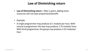 Law of Diminishing return
• Law of Diminishing return – After a point, adding more
resources will not have proportional benefit.
• Example:
• A single programmer may produce at 1 module per hour. With
second a programmer the two may produce 1.75 module/ hour.
With third programmer, the group may produce 2.25 modules/
hour
Ahmad Maharma PMBOK 5th Edition 353
 
