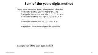 Sum-of-the-years-digits method
Depreciation expense = (Cost - Salvage value) x Fraction
Fraction for the first year = n / (1+2+3+...+ n)
Fraction for the second year = (n-1) / (1+2+3+...+ n)
Fraction for the third year = (n-2) / (1+2+3+...+ n)
...
Fraction for the last year = 1 / (1+2+3+...+ n)
n represents the number of years for useful life.
[Example, Sum-of-the-years-digits method]
Ahmad Maharma PMBOK 5th Edition 360
 