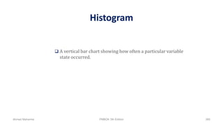 Histogram
 A vertical bar chart showing how often a particular variable
state occurred.
Ahmad Maharma PMBOK 5th Edition 385
 